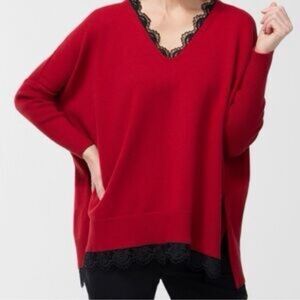 Chico’s knit crochet trim oversized tunic sweater Sz S/M Red Black dolman sleeve